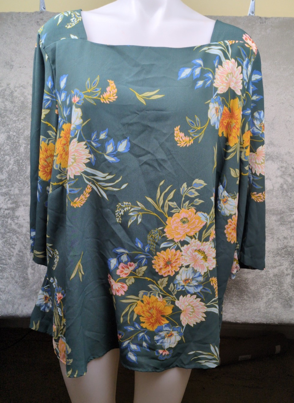 MELLODAY Green Floral Blouse Square Neck 3/4 Sleeve Casual Dressy Plus Size 2X